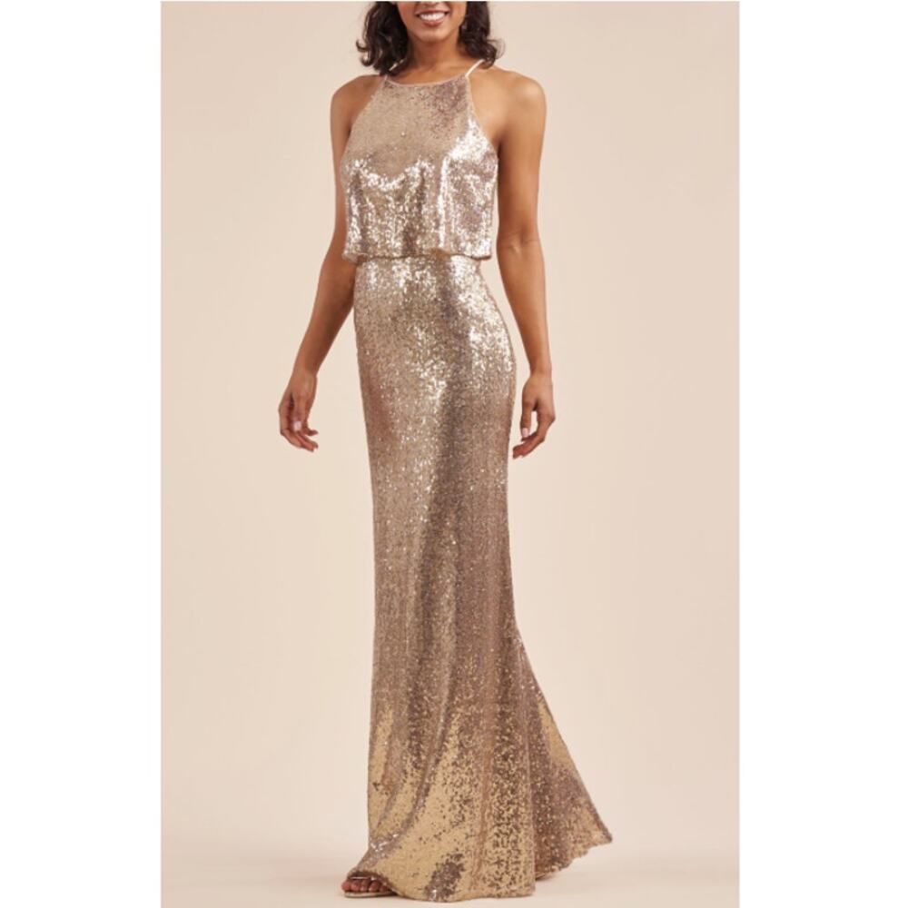 New B2 JASMINE Women's Sandstone Jewel Neck Sequin Long Bridesmaid Dress Size 14